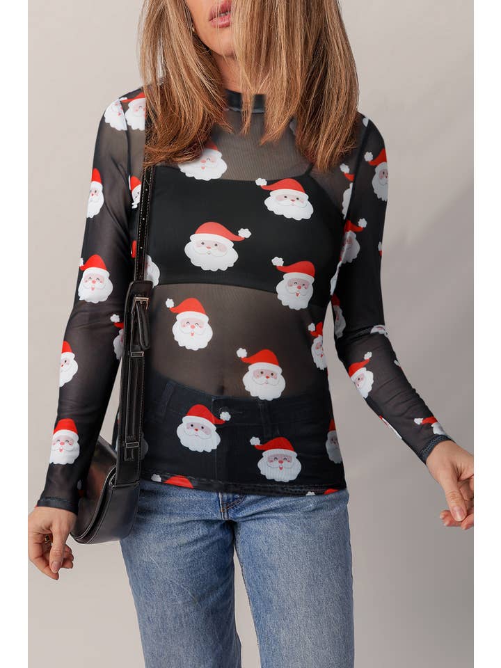 Black Christmas Santa Print Mesh Long Sleeve Top | S-XL for wholesale on Faire8