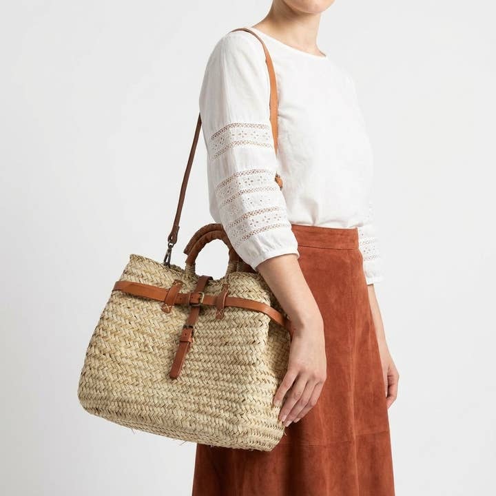 Melecraft - Wholesale Tote Bag - Women's - Woven Straw Market Basket Bag Leather Crossbody Tote4