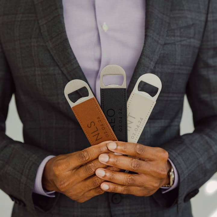 Weddingstar Inc. - Wholesale Bottle/wine opener - Leather Wrapped Bar Blade Bottle Opener - Modern Monogram2