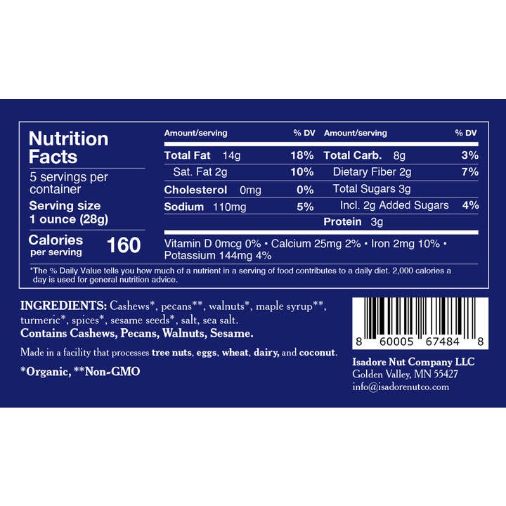 Isadore Nut Company - Wholesale Nuts - Turmeric: Roasted Cashews, Pecans, Walnuts- 5 oz- Non-GMO5