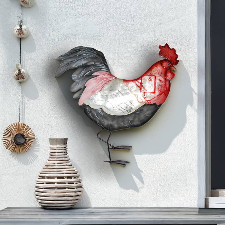Eangee Home Design – wholesale Dimensionell/3D-väggkonst – Rooster Väggdekor Röd Vit Och Blå, w/Capiz-Outdoor Safe0