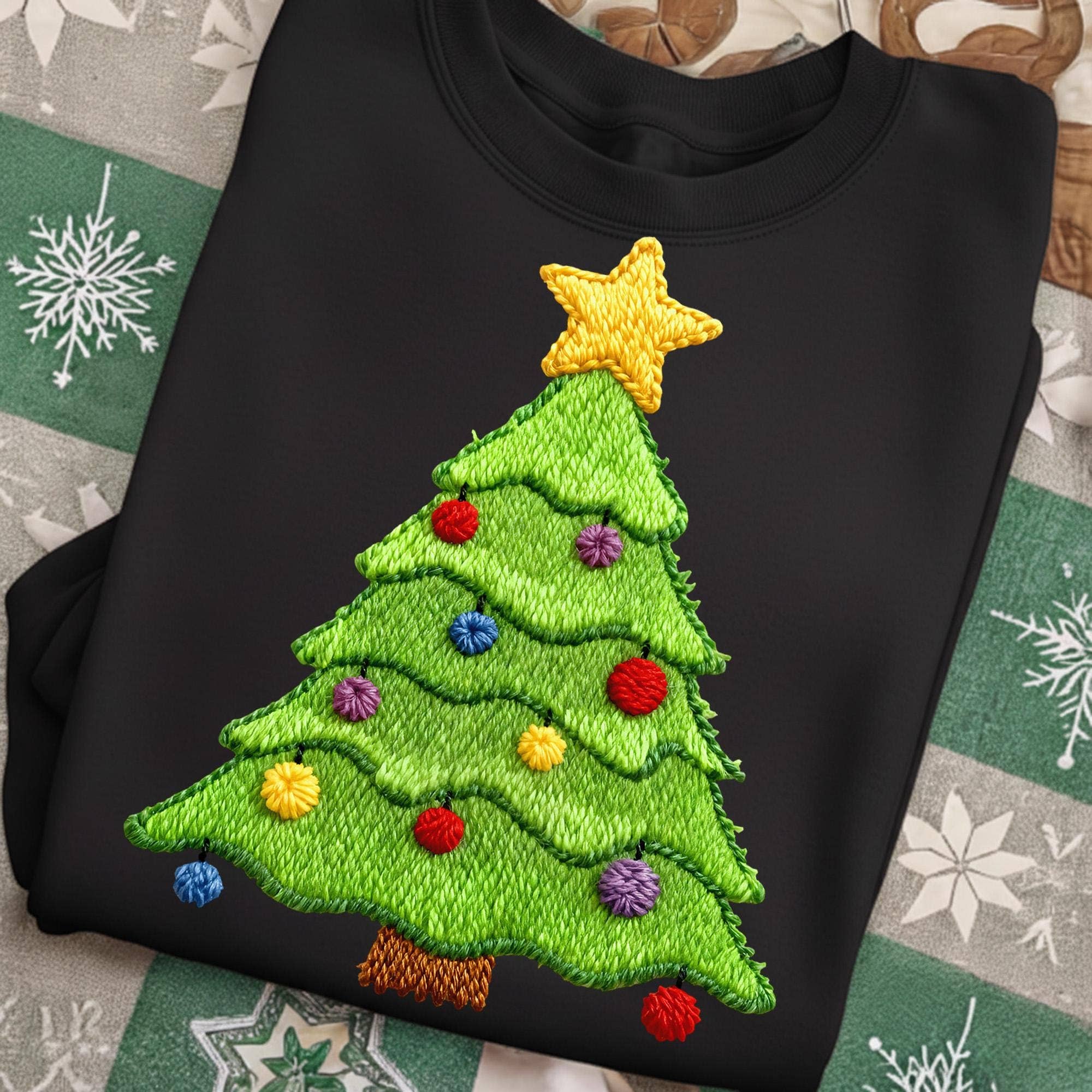 NVC Ecommerce LLC - Vendita all'ingrosso Maglietta stampata - Donna - Maglietta di Natale con albero ricamato finto, T-shirt con ricamo finto4