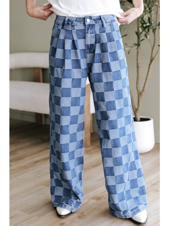 Aapparella - Wholesale Jeans - Women's - Checkered Wide Leg Denim Jeans | 6-16