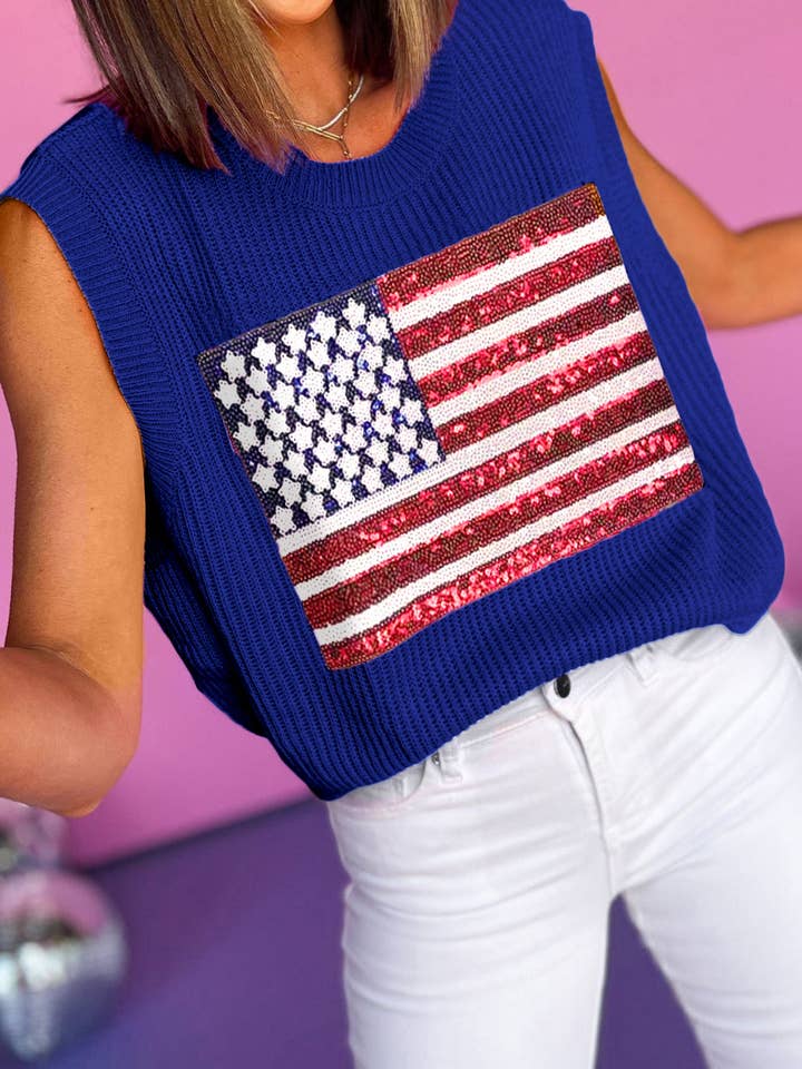 Camisola em malha azul lantejoulas com bandeira americana por atacado de EG fashion
