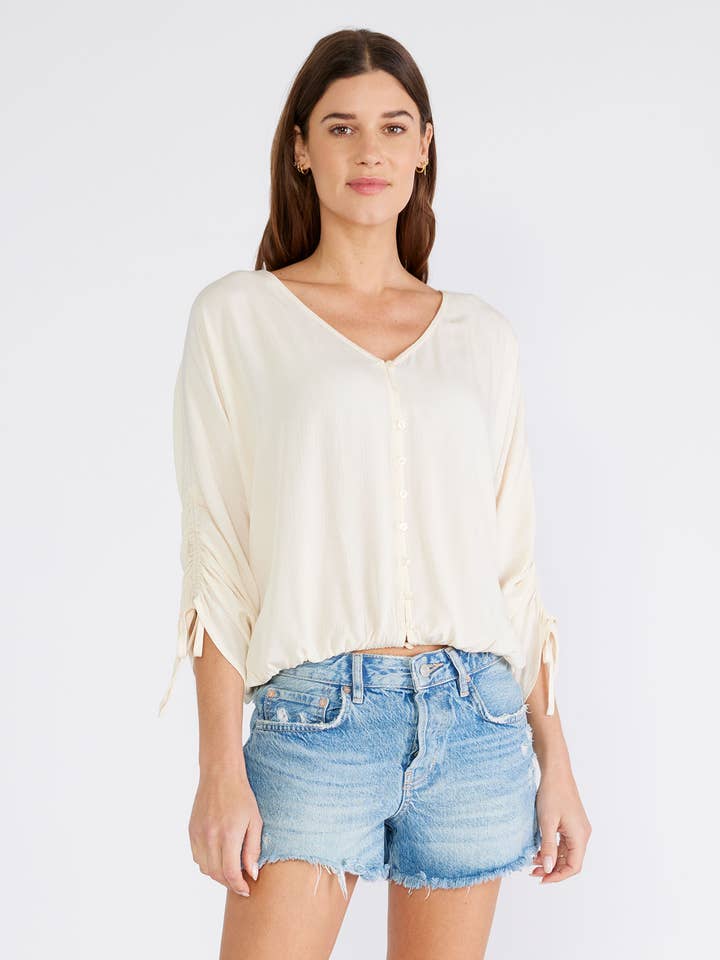 Ruched Dolman Sleeve Button Front Blouse for wholesale by Lovestitch