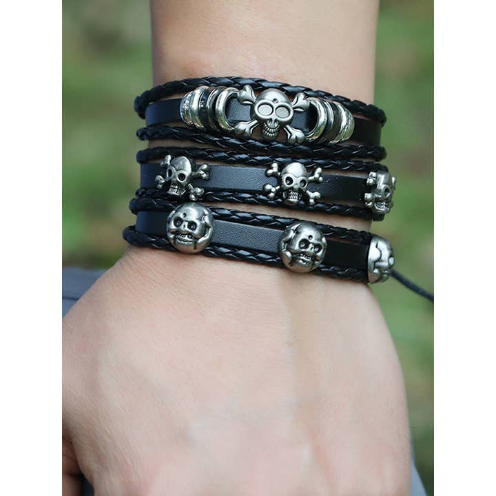 Black Handmade Beaded Skull Leather Bracelet for wholesale on Faire