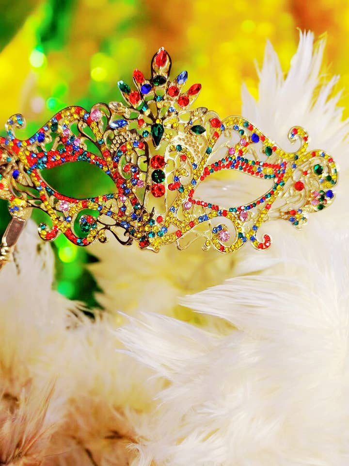 Happy Dream Gifts - Wholesale Costume - Women's - Rainbow Masquerade Mask, Crystal Handheld Mask, Gold Mask
