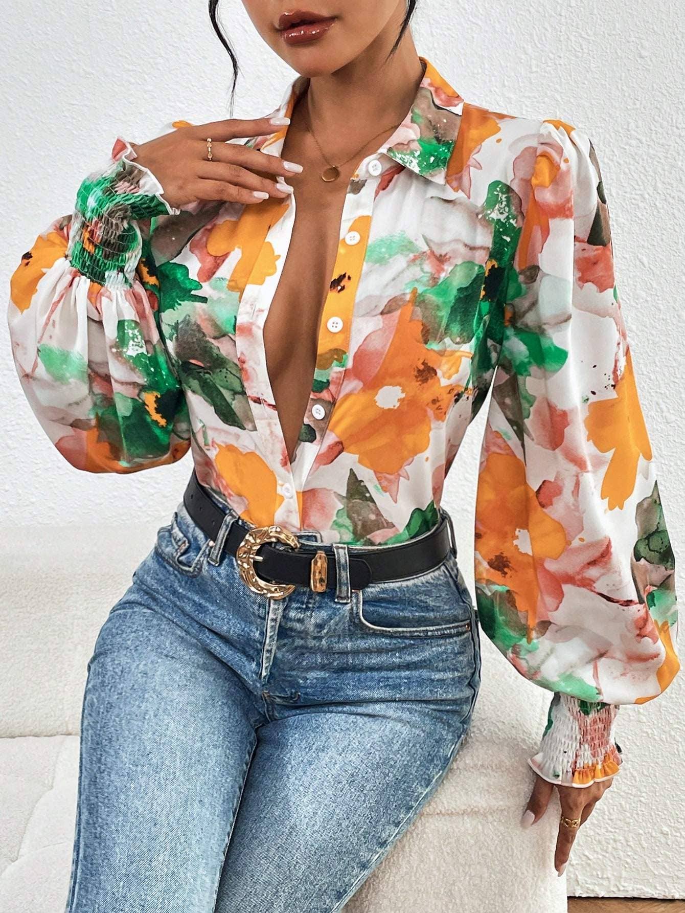 Fashion Combination - Wholesale Button Down Shirt - Women's - priv floral print lantern sleeve shirt30