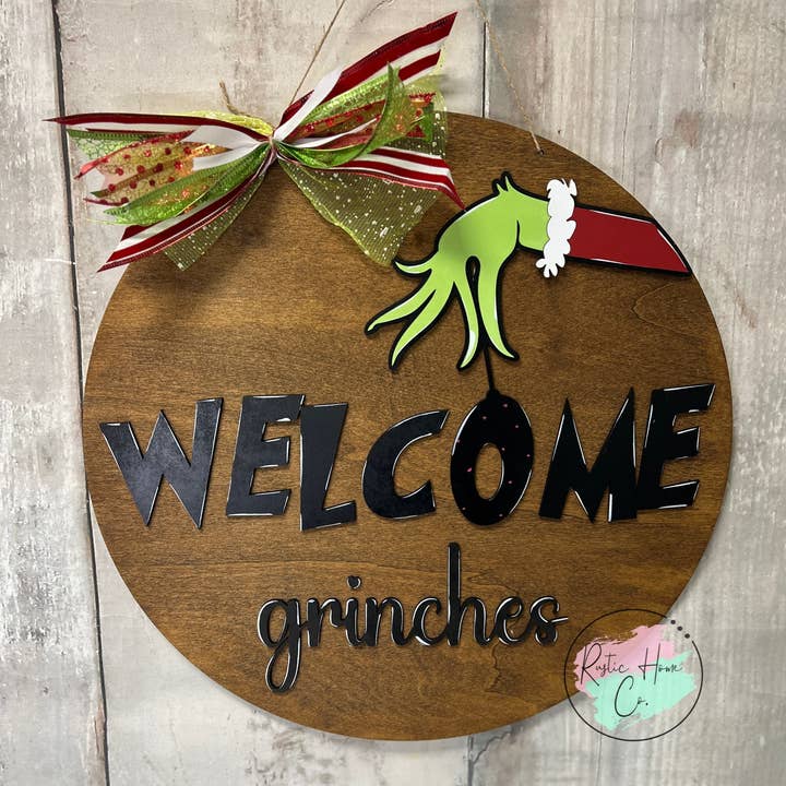 Welcome Grinches Christmas doorhanger round sign kit for wholesale by Rustic Home Co LLC