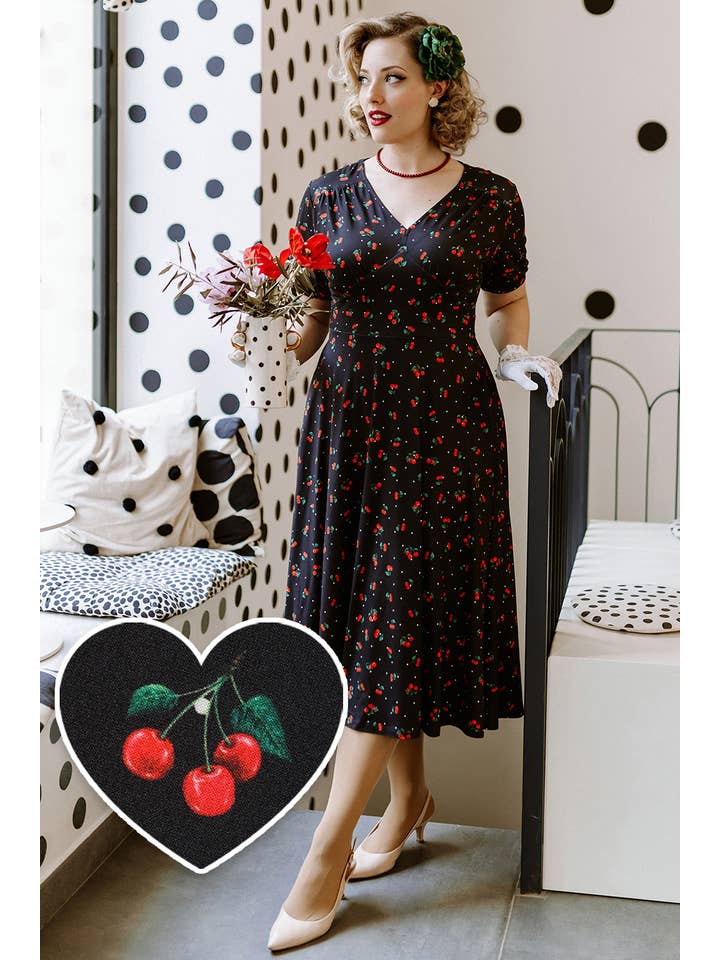 Dolly & Dotty - Wholesale Dress - Women's - Julia Black Cherry Print Midi Dress