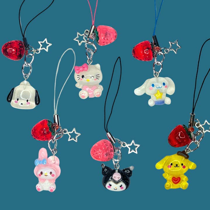 Kawaii Characters Strawberry Tech Charm | Cute Keychain Phone Bag Accessory for wholesale by Faebelle Haven