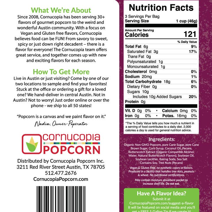 Cornucopia Popcorn - Wholesale Popcorn - TX Butter Pecan Popcorn (V & GF) Signature Bag-6