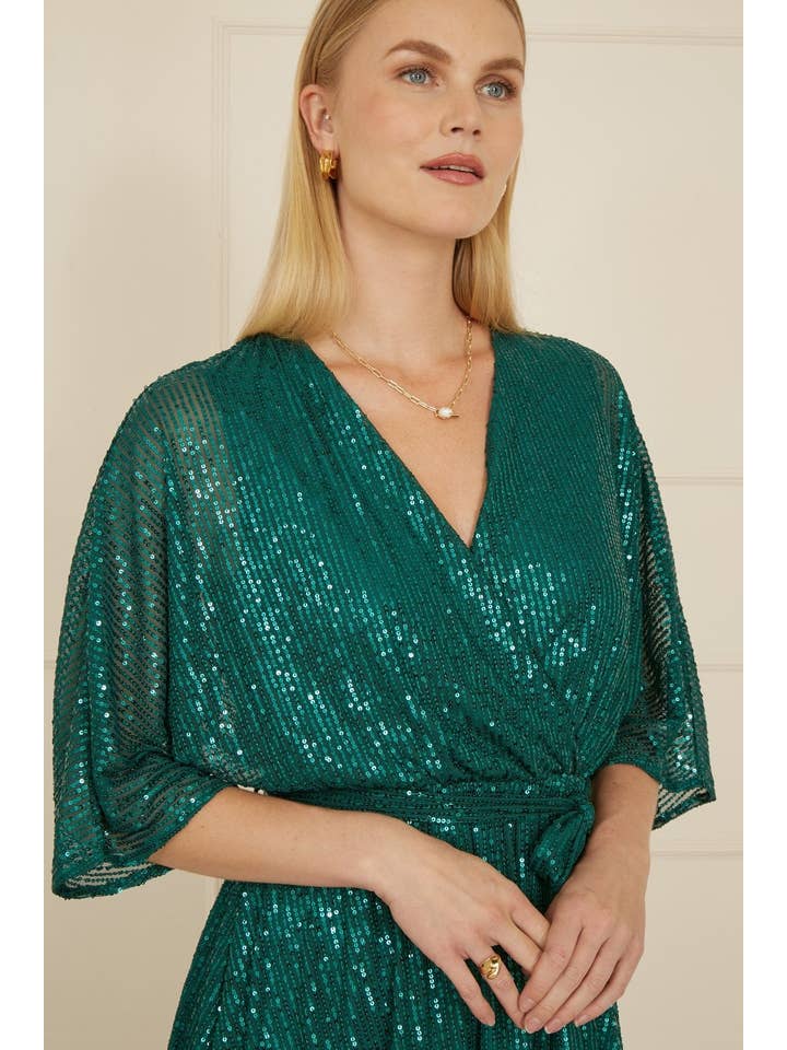 Yumi Green Sequin Kimono Midi Wrap Dress for wholesale on Faire5
