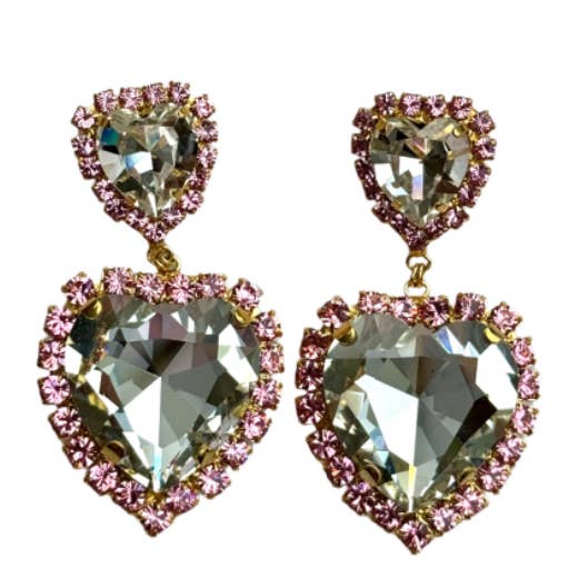 Pendientes de Poste con Cristal de Doble Corazón en Rosa o Esmeralda para venta al por mayor de Kimono Dragon NYC