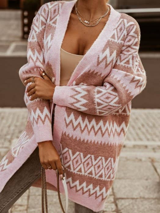 Rosa Clothing - Wholesale Cardigan - Women's - V-Neck Argyle-Patterned Color-Block Mid-Length Cardigan