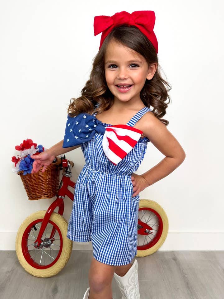 Blue American Bow Gingham Romper for wholesale on Faire4