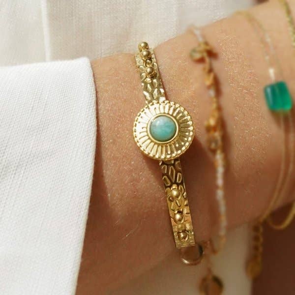 Adjustable Stainless Steel Bangle with Semi Precious Stone Studs for wholesale by Bijoux 7bis