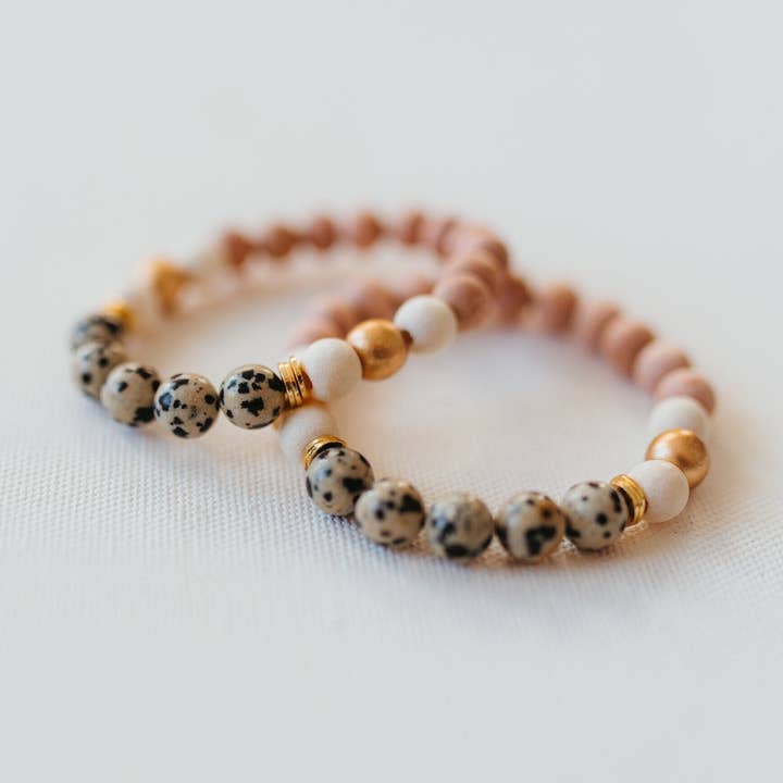 The Tasha Bracelet • Dalmatian Jasper, Rosewood, Wooden for wholesale by Kelsey O’Brien Designs