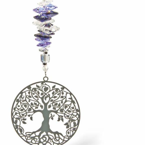 Austrian Crystal Suncatcher, Multi -faceted with Large Tree of Life and Purple Crystal Heart Drop for wholesale by Byzantium Collection Ltd
