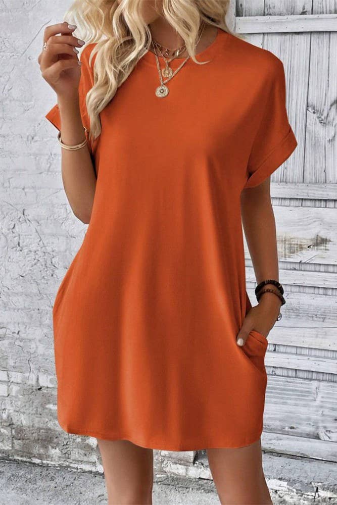 UNISHE - Wholesale Dress - Women's - Plain Fold Cuff Pockets Round Neck T-Shirt Dress ZK13331