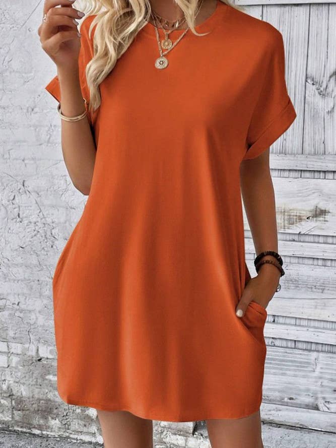 UNISHE - Wholesale Dress – Women's - Plain Fold Cuff Pockets Round Neck T-Shirt Dress ZK13331
