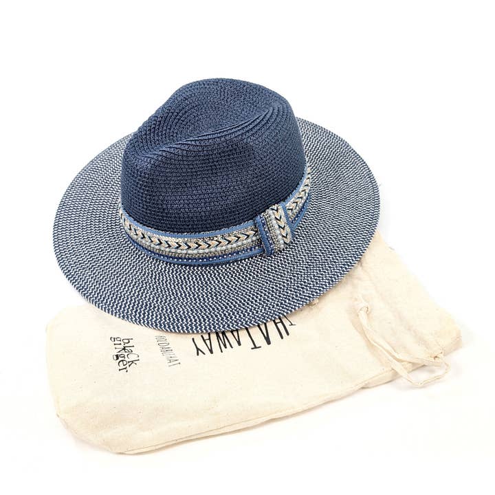 Black Ginger - Wholesale Straw Hat - Women's - Jewelled Band Panama Foldable Hat (57cm) - Navy Blue
