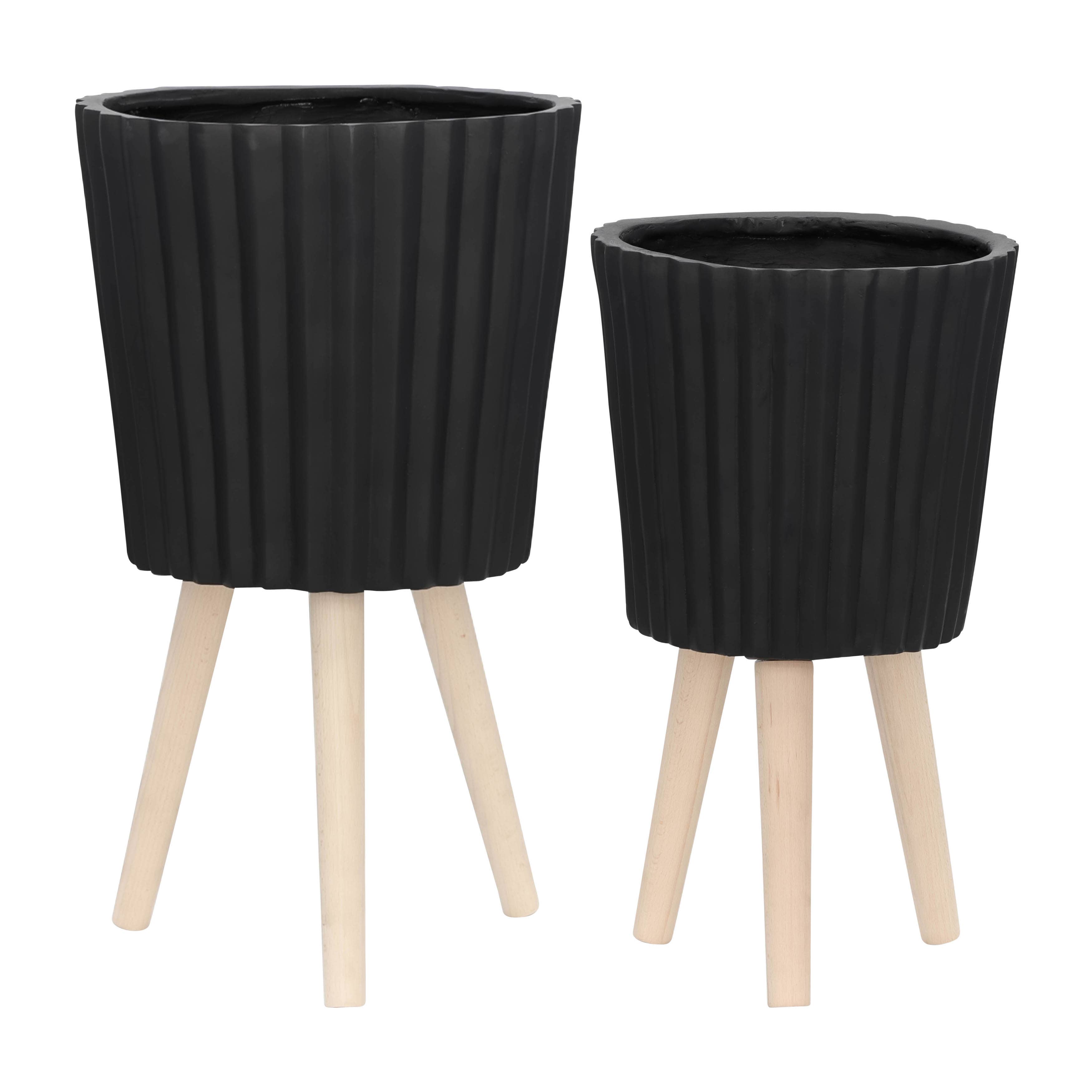 Sagebrook Home - Wholesale Plant Pot - Planters Set of 2 - Black Resin/Wood Legs Ridged, 10/12 in.4