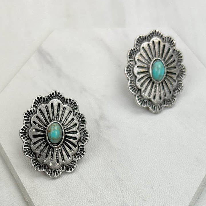 CER240805-08-SILVER-BLUE Silver metal with blue turquoise stone Earrings for wholesale by Western Elite Jewelry