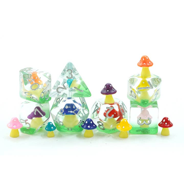 Multi-Colour Mushies | Resin Inclusion Dice | 7 Piece Set for wholesale by Tabletop Dominion Limited