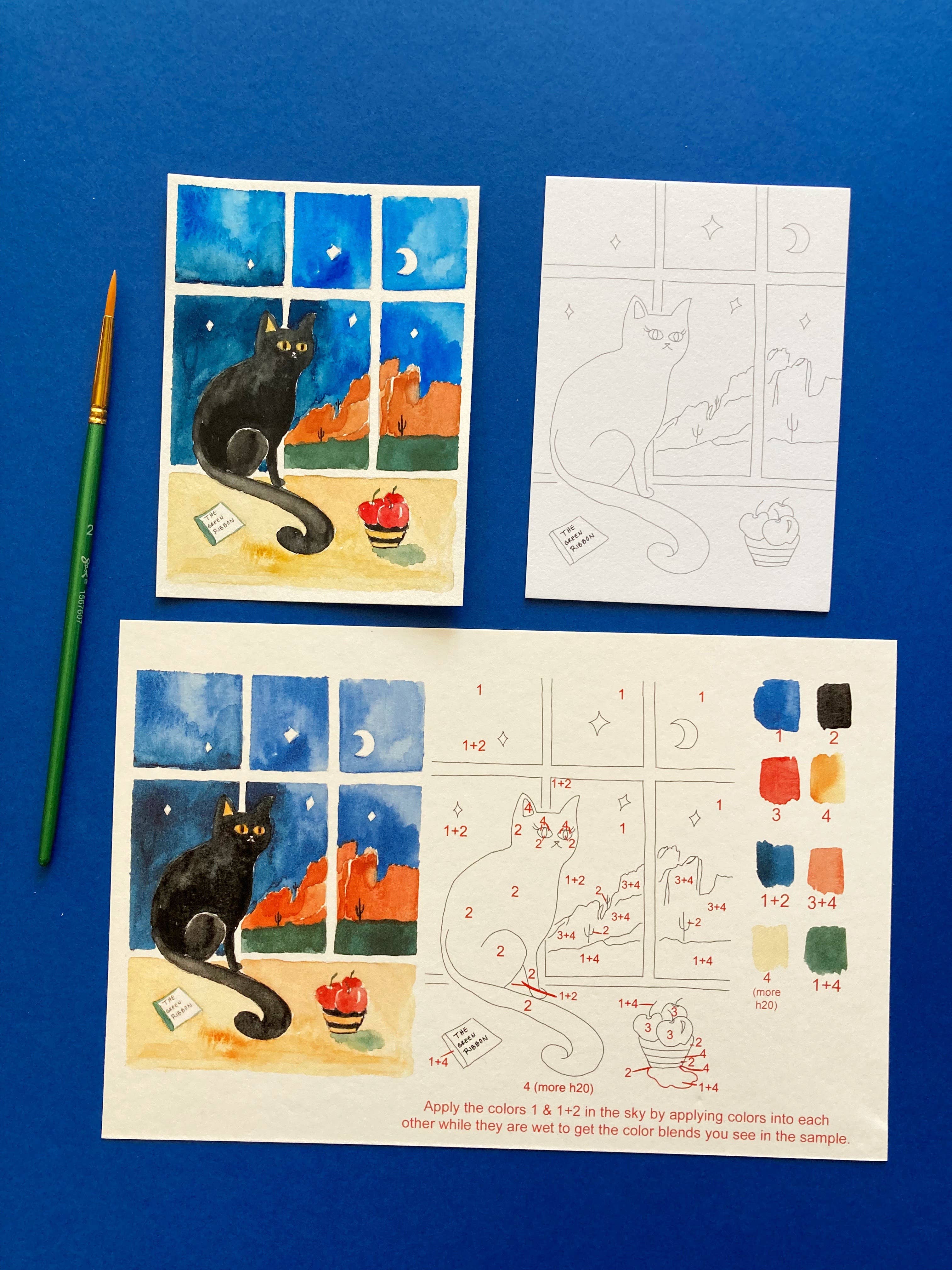 Pink Puddle Studio - Wholesale DIY Craft Kit - Black Cat Night Winter Watercolor Paint by Number DIY Kit 1