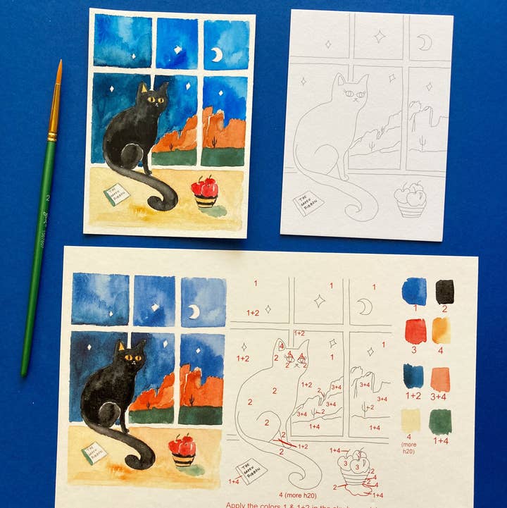 Pink Puddle Studio - Wholesale DIY Craft Kit - Black Cat Night Winter Watercolor Paint by Number DIY Kit 1