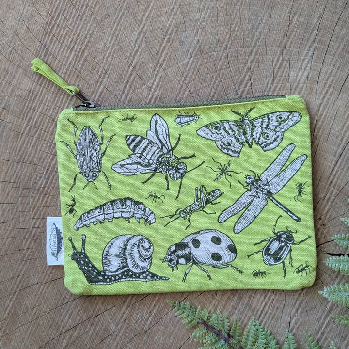 zippered pouch | insecta - light green pencil, supply, makeup bag with waterproof lining for wholesale by ilikesara | art + goods