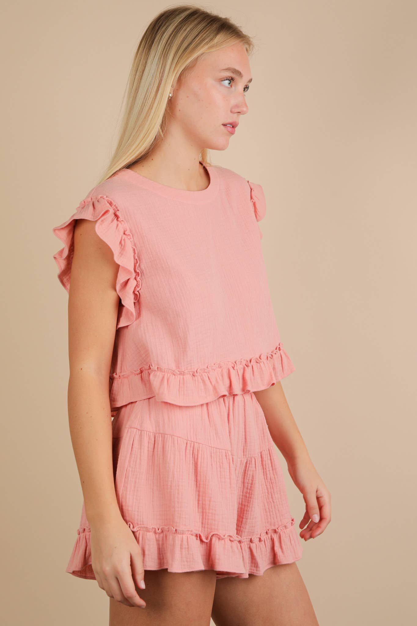 VERY J - Wholesale Top & Short Set (NOT Loungewear) - Women's - NT12150SET-Ruffled Solid Woven Top & Shorts Set2