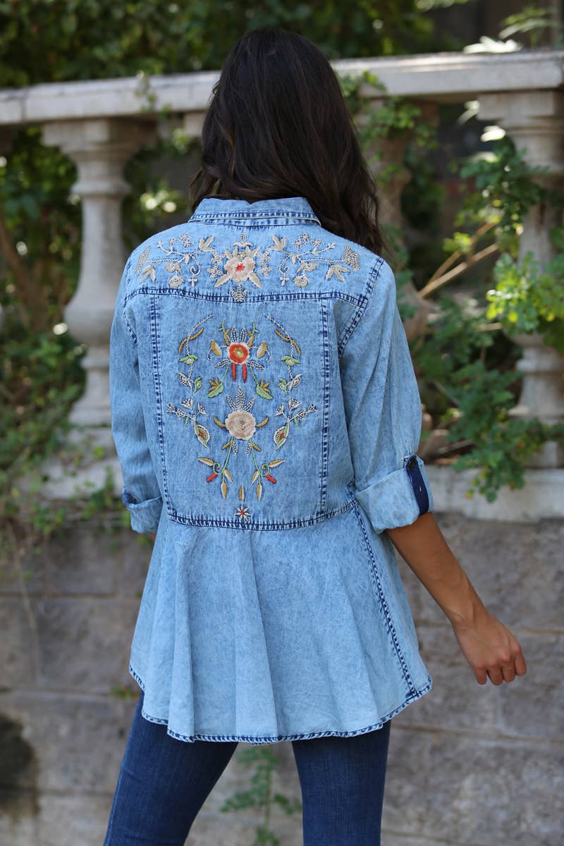 Nostalgia - Wholesale Button Down Shirt - Women's - N2N75-EMB DENIM BUTTON UP SHIRT WITH EMBROIDERED BACK DETAIL12