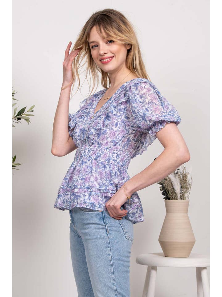 LILAC MULTI FLORAL PLEATED WOVEN TOP for wholesale on Faire
