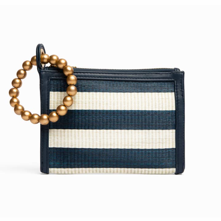 Soli & Sun - Wholesale Wristlet - Navy Blue Stripe Woven Straw Wristlet Pouch | Summer Style