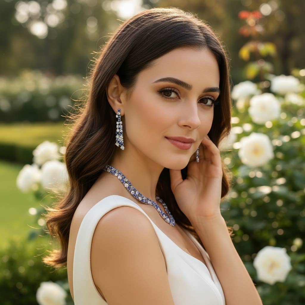 Athena Bridal Jewellery – wholesale Jewellery set – CZ COLLECTION - STATEMENT WATERFALL NECKSET - SAPPHIRE NK2693