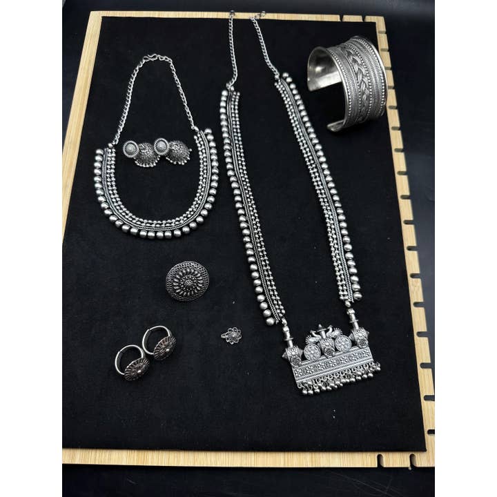 Oxidised Indian Ethnic Temple Jewelry Set of 7 for wholesale by Vastrabhushan