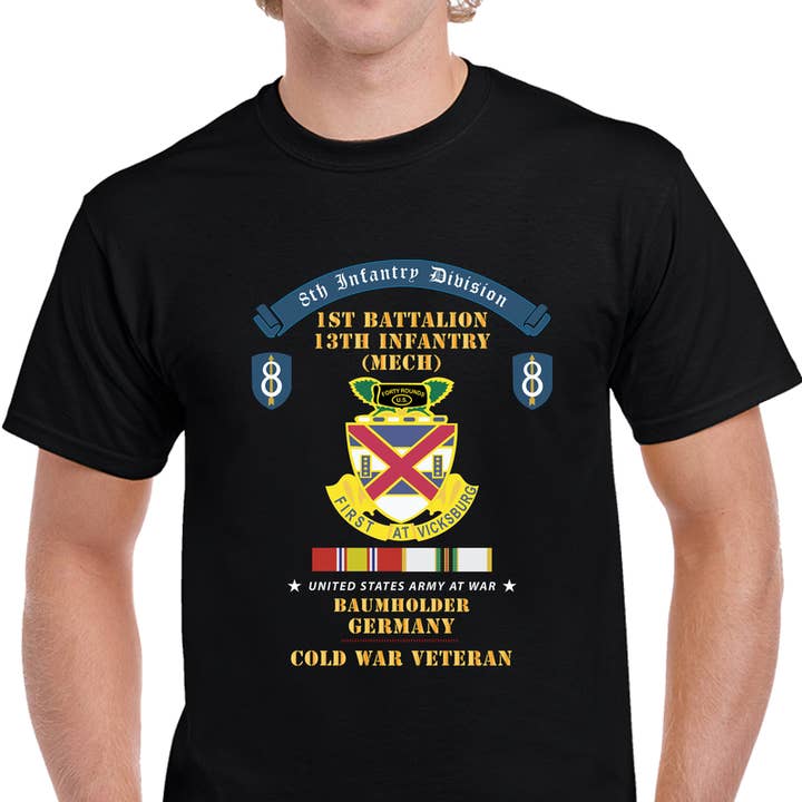 8th Infantry Division Scroll - 1st Bn 13th Infantry (mech) - Baumholder Germany - Cold War Vet W COLD SVC X 300 T Shirt for wholesale by MIP