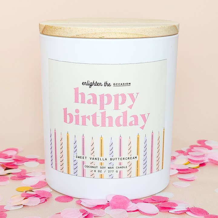 Colorful Happy Birthday Candle in White Tumbler for wholesale by Enlighten the Occasion