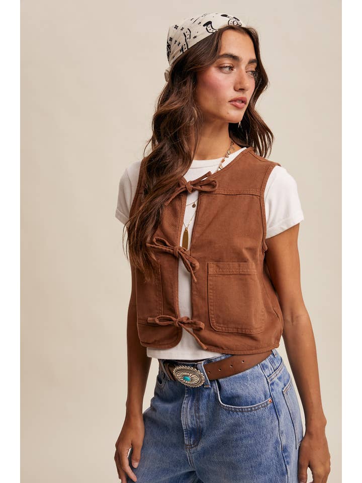 Listicle - Wholesale Outerwear Vest - Women's - Colored Denim Tie-Front Vest LVT01820