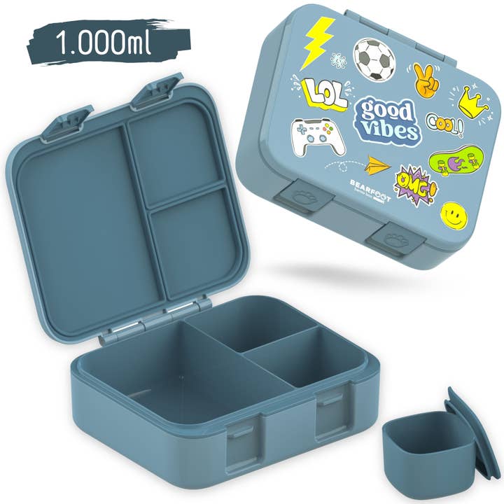 BEARFOOT – Großhandel Lunchbox/-tasche – Kinder – Brotdose mit Fächern, leicht & auslaufsicher - Sticker blau