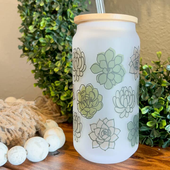 Succulent Libbey Can Glass Cup with Lid and straw for wholesale by BB’s Shebang