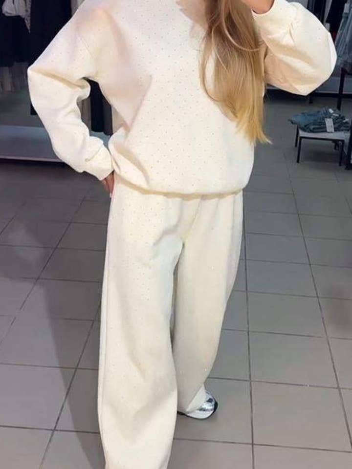 Rosa Clothing - Wholesale Top & Pant Set (NOT Loungewear) - Women's - Allover Rhinestone sweatshirt wide leg Leisure set7
