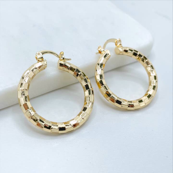 18k Gold Filled 30mm Texturized Hoops Earrings, 4mm Thickness Wholesale Jewelry Making Supplies for wholesale by DIJU Jewelry
