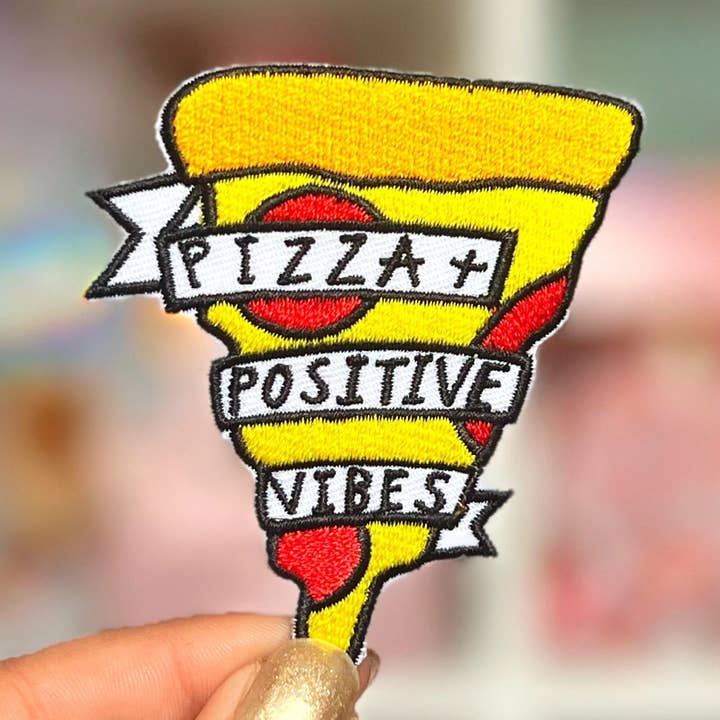 pizza + positive vibes iron-on patch for wholesale by Keep It Bright