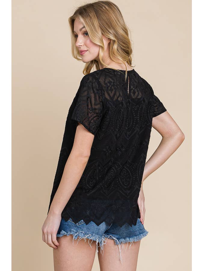BLACK Round Neck Short Sleeve Zig Zag Edge Lace Top with Lining for wholesale on Faire