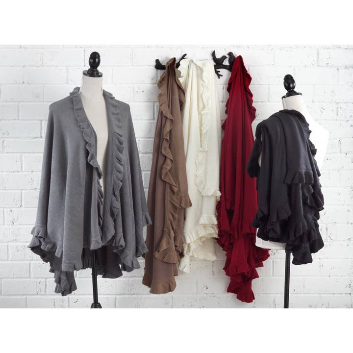 Capa poncho cálida y acogedora para mujer, de punto con volantes y frente abierto para venta al por mayor de Fennco Styles