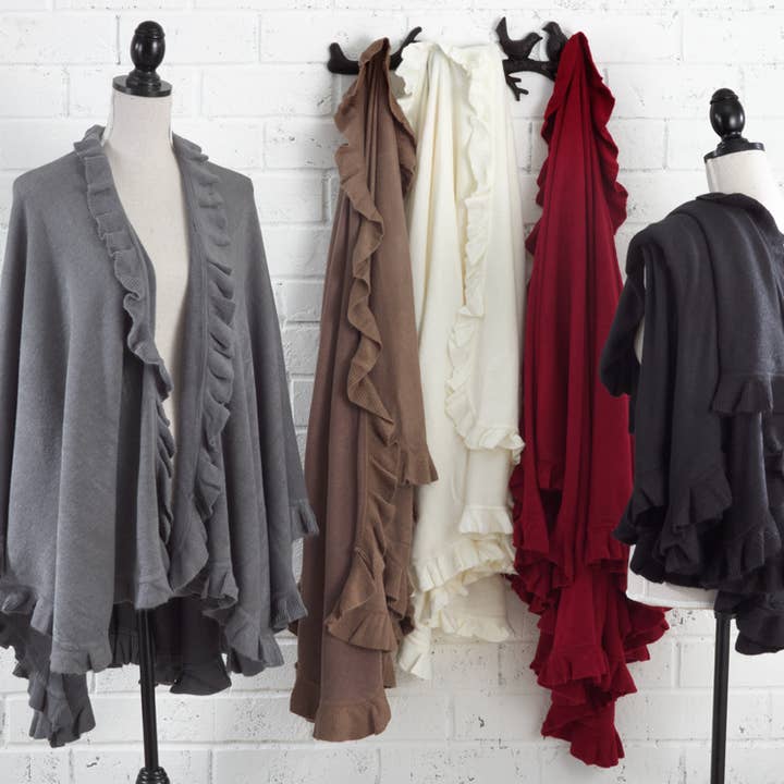 Fennco Styles - Wholesale Poncho - Women's - Ruffle Trim Knit Open Front Cozy Warm Women Poncho Cape