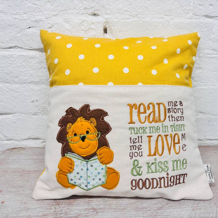 Lion Children's Reading book Cushion available in Welsh or English for wholesale by Lizzie Dixon Designs